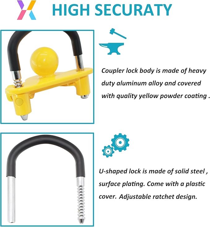 X-Haibei Trailer Hitch Lock with Keys fit 1-7/8"", 2" and 2-5/16" Couplers, Universal Adjustable Ball Hitch Coupler Lock Heavy Duty Aluminum Body, Copper Lock Cylinder, Rustproof for Boat Camper RV