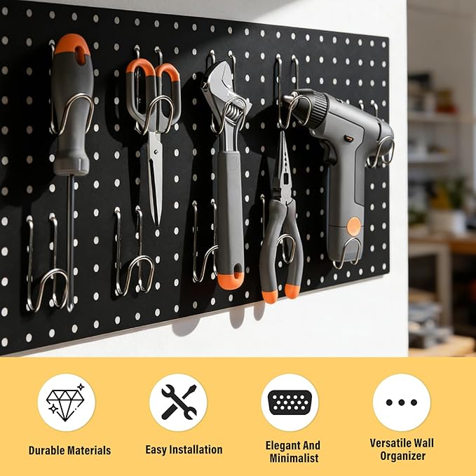 DEWEL Peg Board 2 Pack, 23x12 Inch Metal Pegboard Panels with Hooks, Black Heavy Duty Wall Organizer System for Garage Tool Storage, Workshop, Office and Craft Room（2pcs black）