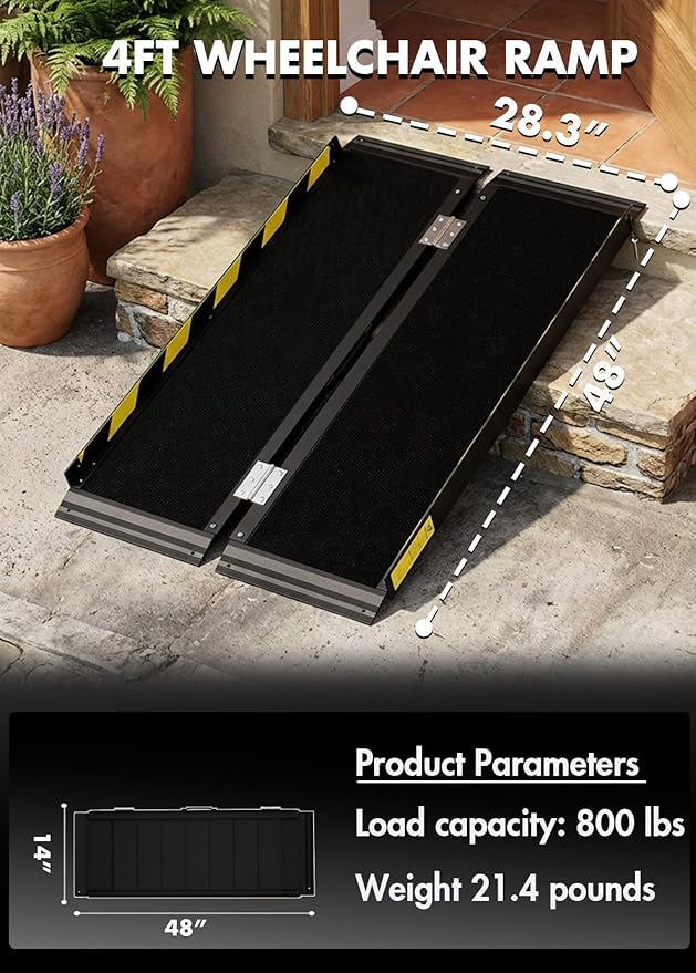 Portable Wheelchair ramp 4FT,Non-Slip Aluminum Threshold ramps for Home Steps,Folding Handicap ramp,doorways,Stairs,Scooter,Weight Capacity 800LBS (4FT(Usable Height 4-12 inch))