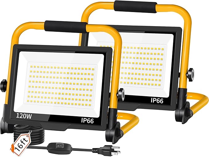 2 Pack 14400LM LED Work Light, 120W Flood Light with 16FT Cord & Switch, Portable Worklight with Stand, 5000K IP66 Waterproof Construction Lighting for Job Site Repairing Workshop Garage