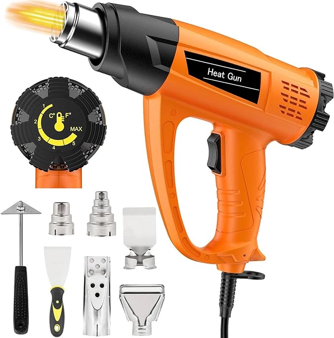 Heat Gun 1800W Heavy Duty Fast Heat Hot Air Gun Kit with 140℉-1112℉ （60℃-600℃） Dual-Temperature Settings and 5 Nozzles with Overheat Protection for Crafts, Shrinking PVC, Stripping Paint, Resin, DIY