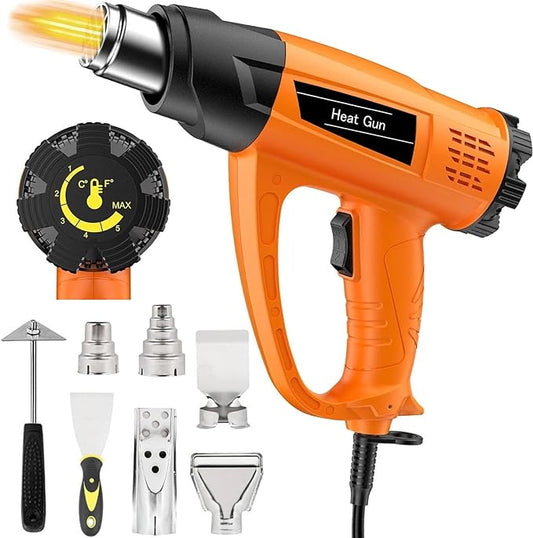 Heat Gun 1800W Heavy Duty Fast Heat Hot Air Gun Kit with 140℉-1112℉ （60℃-600℃） Dual-Temperature Settings and 5 Nozzles with Overheat Protection for Crafts, Shrinking PVC, Stripping Paint, Resin, DIY