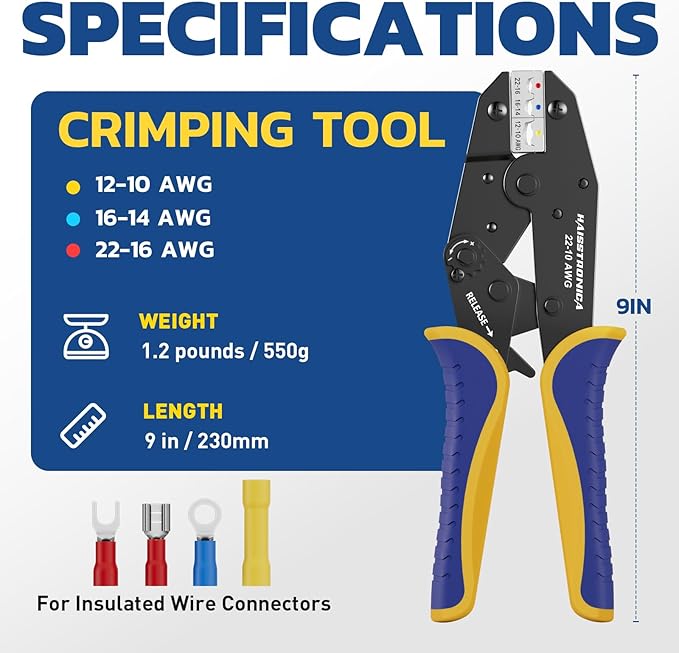 haisstronica Crimping Tool for Insulated Electrical Wire Connectors-AWG 22-10 Ratchet Crimper Tools-Racheting Wire Crimping Tools-Available for Insulated Connectors and Wire Terminal HS-9327
