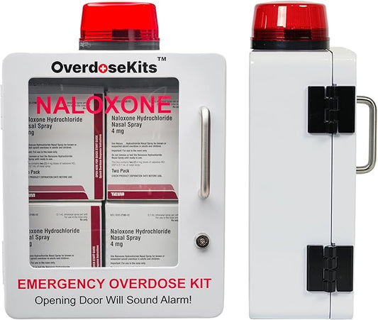 Naloxone Overdose Emergency Kit Cabinet - Includes Optional Alarm and Locking System - Designed for Wall Mount & Public Access (Metal, White)