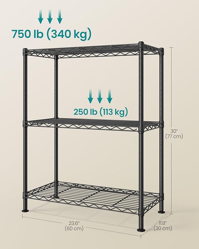 SONGMICS Storage Shelf, Metal Wire Shelving Unit, Adjustable Shelves, for Garage, Bedroom, Living Room, Kitchen, Pantry, 3 Tier, 11.8 x 23.6 x 30 Inches, Ink Black ULGR163BH01S