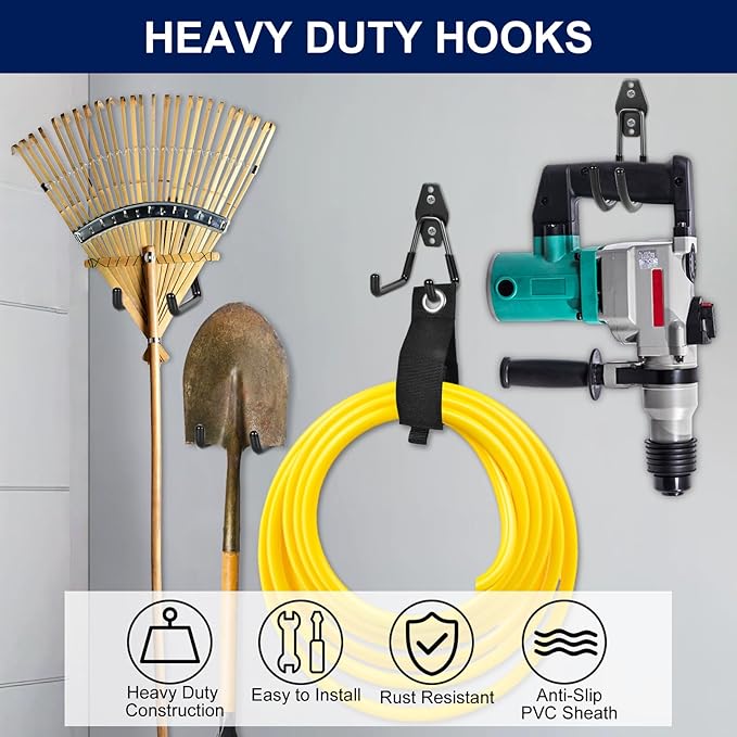 18 Pack Garage Hooks, Anti-Slip Coating, Hooks for Hanging Heavy Duty for Garages, Bicycles, Ladders, Gardening, Tools, Including 3 Organizing Straps