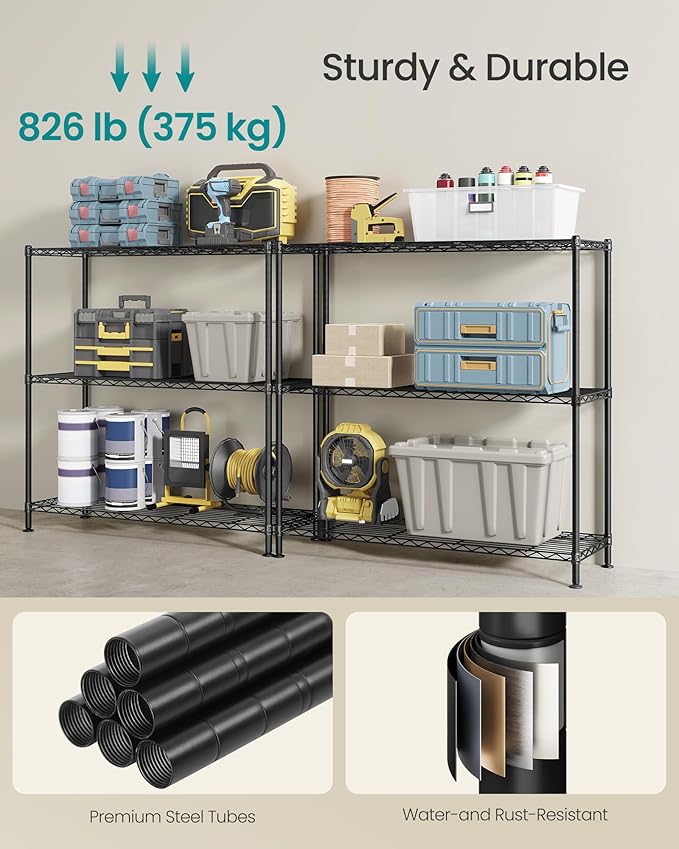 SONGMICS Storage Shelf, Metal Wire Shelving Unit, Adjustable Shelves, for Garage, Bedroom, Living Room, Kitchen, Pantry, 3 Tier, 11.8 x 35.4 x 35.4 Inches, Ink Black ULGR193BH01S
