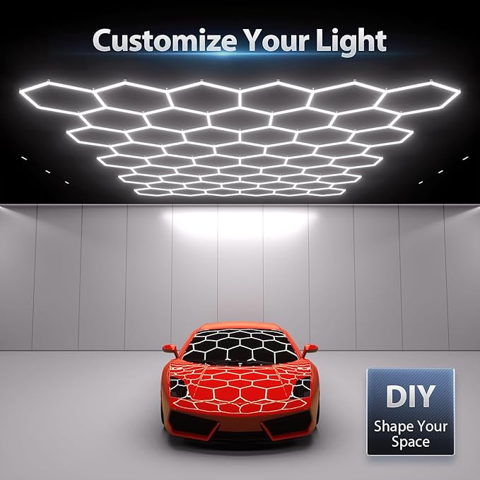 Hexagon Garage Lights: 1295W 185 Pack 50 Grids LED Garage Lights - Easy Install 6500K Super Bright Honeycomb Light for Warehouse, Car Detailing Shop, Exhibition Hall, Gym