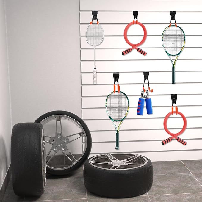 Landhoow 36 Pcs Slatwall Hooks & Hangers 32 Pcs Heavy Duty Slat Wall Hanging Hooks with 4 Pcs Storage Straps Assortment Slatwall Accessories for Storage Garage Wall Organization Garden Home(Orange)