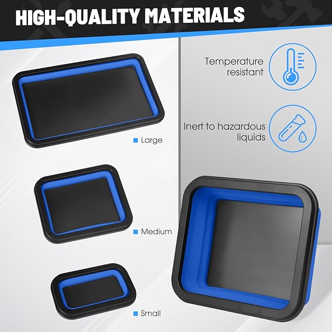 3 Pack Magnetic Parts Tray Set, Different Size Collapsible Tool Trays for Storage Organizer Screw, Bolts, Nuts, Washers, Pins & Other Small Metal Parts-Tool Gifts for Men(Blue)