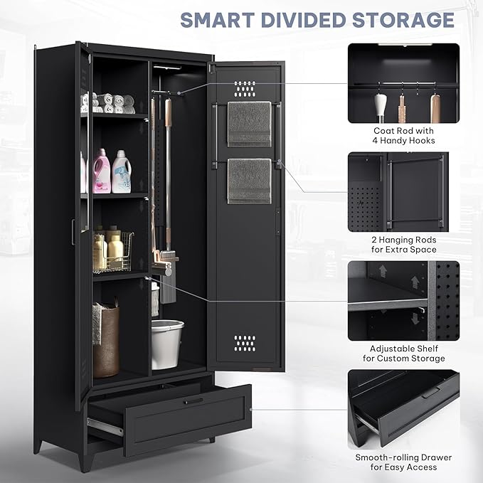 YITAHOME 71" Metal Garage Broom Cabinets with Adjustable Shelves, Vacuum Storage Cabinet with Doors and Drawer, Tool Storage Cabinet for Gym, Basement, Warehouse, Black, Metal