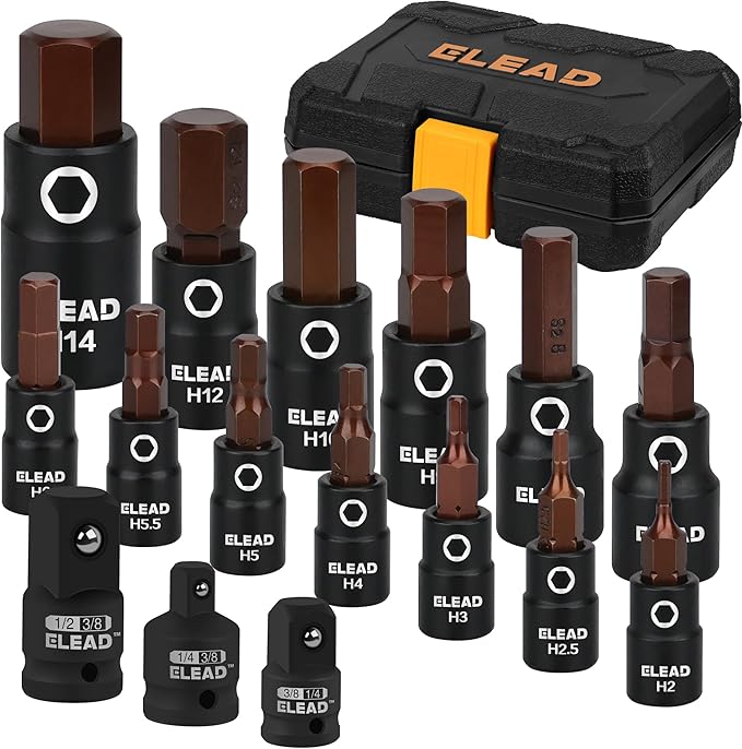 16-Piece Metric Hex Bit Socket Set - Premium S2 Steel 2mm-14mm Allen Socket Set with Socket Adapters, 1/4”, 3/8” and 1/2” Drive | Professional Mechanic Garage Tools