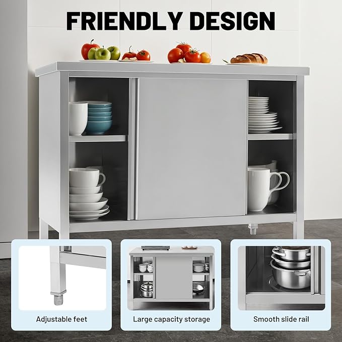 Hally Stainless Steel Cabinet, 30" x 48" NSF Commercial Heavy Duty Prep Workbench with Two Sliding Doors, Large Storage Cabinet