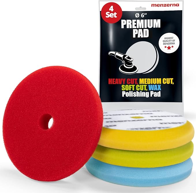 MENZERNA 4 Pcs 6 Inch Premium Polishing Pad Kit I Scratch Repair, Fine Polishing, Shine & Sealing I Body Repair Buffing & Polishing Pads with Safety Edge & Velcro Attachment I Washable & Long Lasting