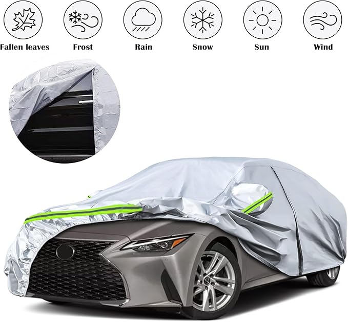 Waterproof Car Covers Replace for 2005-2025 Lexus IS250 IS300 IS350, 6 Layers Silver All Weather Custom-fit Car Cover with Zipper Door & Windproof Bands for Snow Rain Dust Hail Protection