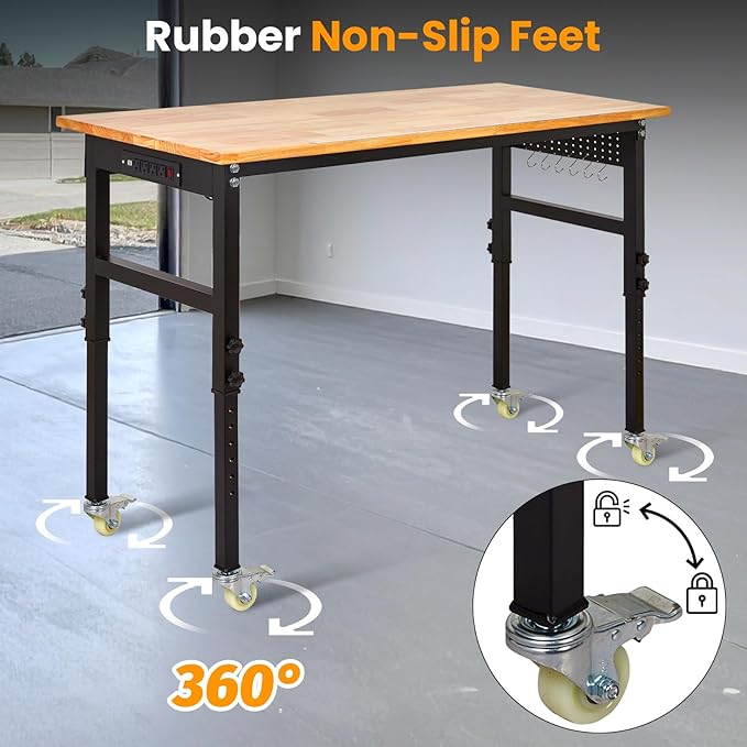 70" Heavy Duty Adjustable Workbench, 2000 LBS Capacity Sit Stand Workstation with Power Outlet, Pegboard & Wheels | Rubber Wood Top Garage Table with Stick-on Ruler