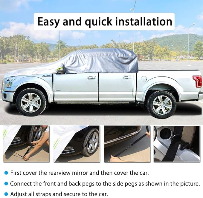 Half Car Cover All Weather Car Body Cover Sunshade Cover Snow Cover Waterproof Snowproof Universal 210D Oxford Fabric (Fit Small/Medium Size Pickup (Crew Cab))