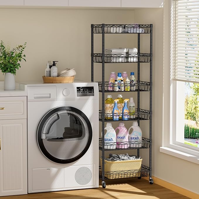 Golpart 6 Tier Basket Shelf Wire Shelving Unit Adjustable Storage Shelves Big Basket Rack for Garage Kitchen Office Pantry Corner 17.2" Dx12.2 Wx63 H Black