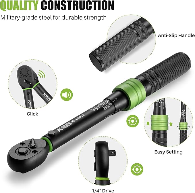 1/4-Inch Drive Click Torque Wrench - 20-260 In-Lb/2.3-29.4Nm, Adjustable Dual-Direction Torque Wrench with 3% Precision, 72 Tooth Head, Dual Range for Bike, Motorcycle and Car Repair