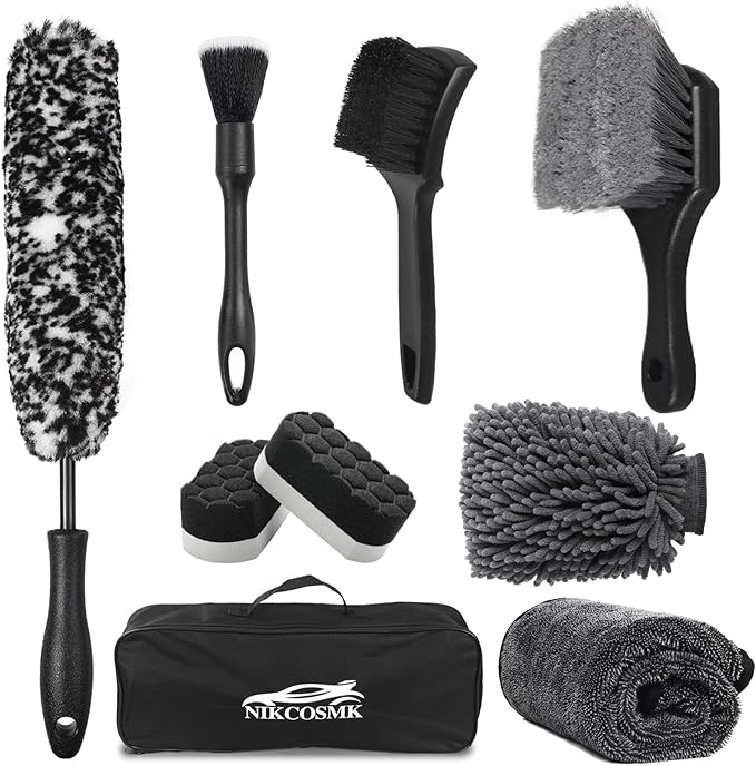 9Pcs Car Wheel & Tire Brush Kit, Wheel Cleaner Brush, Soft-bristled Rim Brush, Car Drying Towel (36"x 24"), Tire Shine Applicator Pad, Car Wash Mitt, Car Detailing Cleaning Wash Brush Supplies Kit