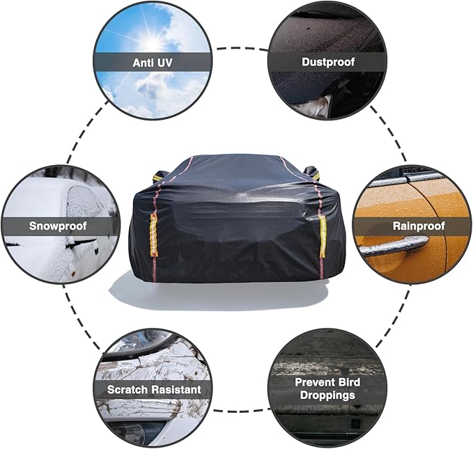 Car Cover Waterproof All Weather, 6 Layers Full Exterior Covers with Zipper Cotton, Mirror Pocket. Outdoor Car Cover UV Snow Rain Wind Dust All Weather Outdoor Protection for Sedan (173-183 inch)