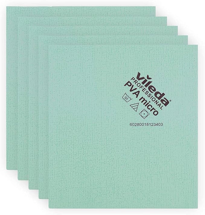 Vileda Professional | PVA Microfiber Green | All Purpose Cleaning Shammy | Shiny Streak Free Results | Synthetic Chamois Towel | Smooth & Absorbent Materials | 5 Pack