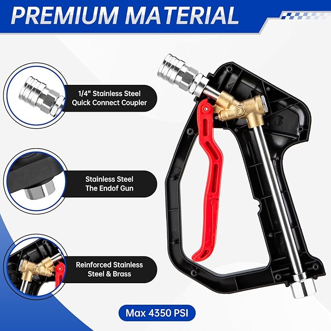 4350 PSI Short Pressure Washer Gun, 1/4” Quick Connector High Pressure Washer Gun with 3/8" Male Plug and M22-14 Fitting, Power Washer Gun Compatible with Foam Cannon, Car Wash Foam Gun