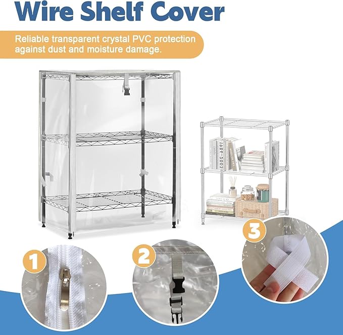 PVC Waterproof 3 Shelf Wire Rack for Wire Shelf Cover - 24" W x 14" D x 30" H - Protects from Dust and Debris - Only Cover (Transparent)