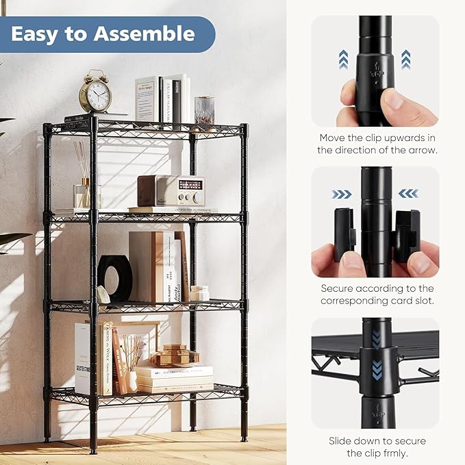 HealSmart 4-Tier Metal Wire Storage Shelves, Adjustable Standing Storage Rack Shelf, Heavy Duty Steel Shelving Unit Organizers for Kitchen Bathroom Pantry Garage, 23.3" W×13.4" D×47" H, Black