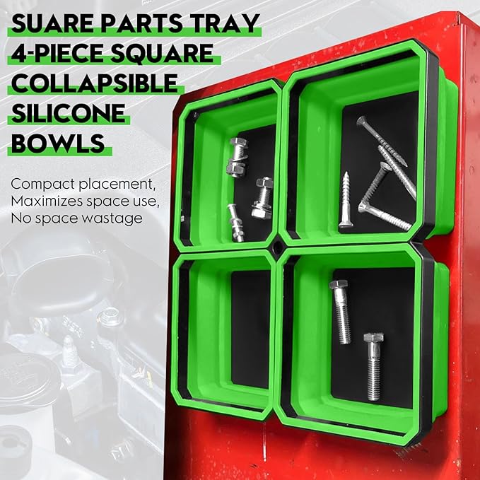 Collapsible Magnetic Parts Tray Set, 4 Pack New Version Magnetic Tool Trays for Screw Bolts Nuts Washers Pins & Small Metal Parts-4.5” Square Silicone Bowls with Double Sided Magnetic Base(Green)