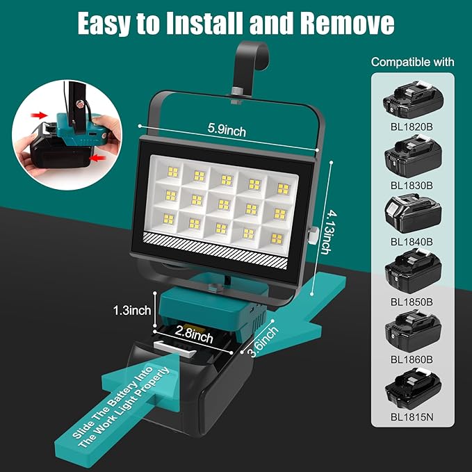 Cordless LED Work Light Compatible with Makita 18V Battery, 60W 6000LM Flood Light, Battery Light with USB & Type-C Charging and 140°Pivoting Head for Jobsite, Garage, Camping, Emergency