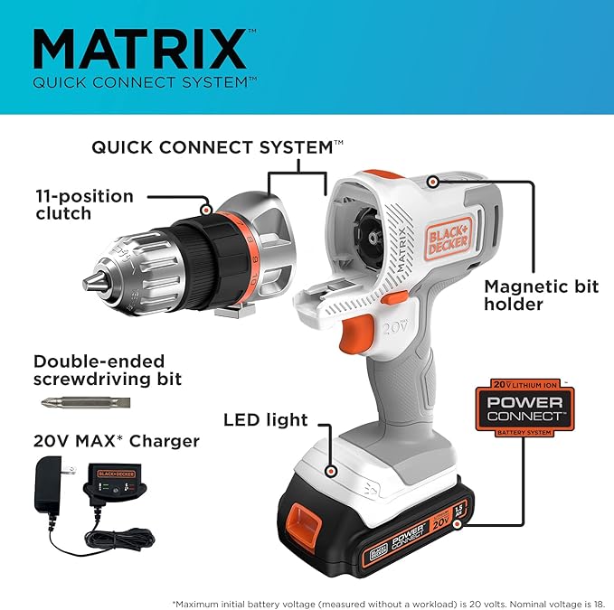 BLACK+DECKER 20V MAX Matrix Cordless Drill/Driver Kit, White (BDCDMT120WC1FF)