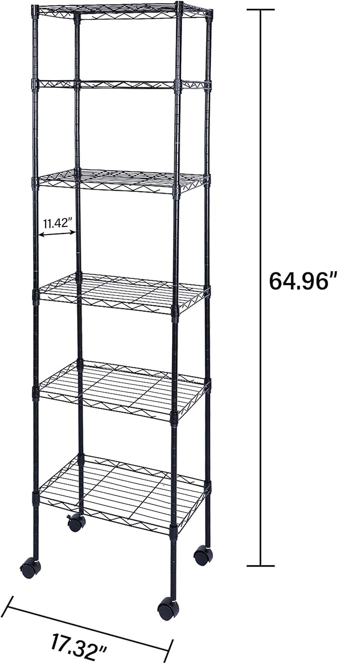 Simple Deluxe 6-Tier Storage Shelves, 17.32" W x 11.42" D x 64.96" H Adjustable Shelving Unit with Wheels and Hanging Hooks, Black