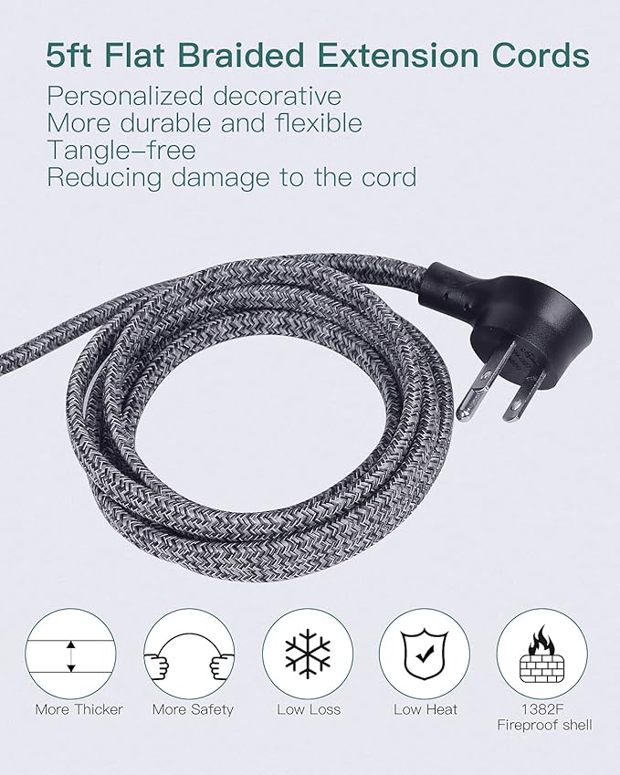 Addtam Power Strip ETL Certificate Flat Plug Extension Cord with 3 USB Ports, 5 Feet Braided Cord, Desktop Small Travel Power Strip for Cruise Ship, Home, Office Black