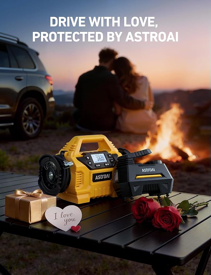 AstroAI Tire Inflator Portable Air Compressor Air Pump for Car Tires-Car Accessories, 9.8Ft Cord-12V DC-Powered Auto Pump with Digital Pressure Gauge, Emergency LED Light for Bicycle, Balloons, Yellow