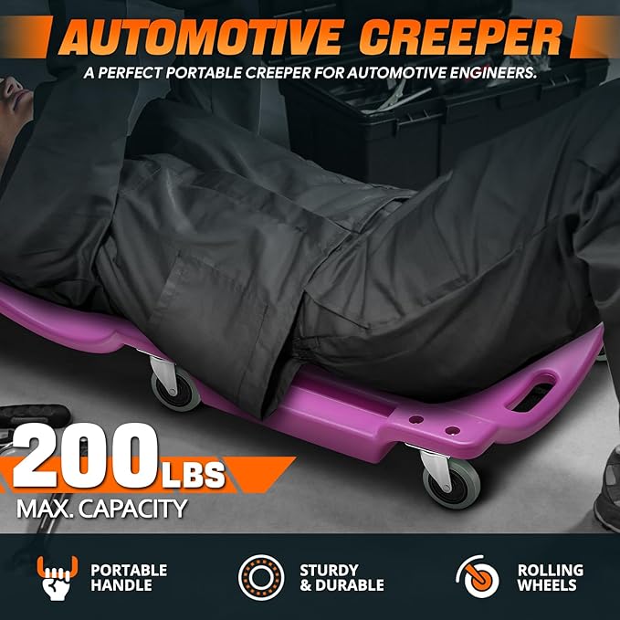 DNA MOTORING 40" L X 19" W Vehicle Repair Low Profile Plastic Rolling Garage Shop Creeper with Padded Headrest,Tool Trays & 6pcs Casters, Purple, TOOLS-00217-PR