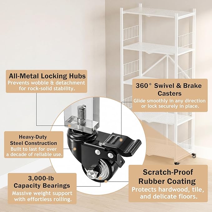 5-Tier Folding Shelves with Wheels, 1100LBS Heavy Duty Metal Foldable Shelving Unit, No Assembly Collapsible Storage Rack Organizer for Garage, Kitchen, Pantry, Basement, Gym - White