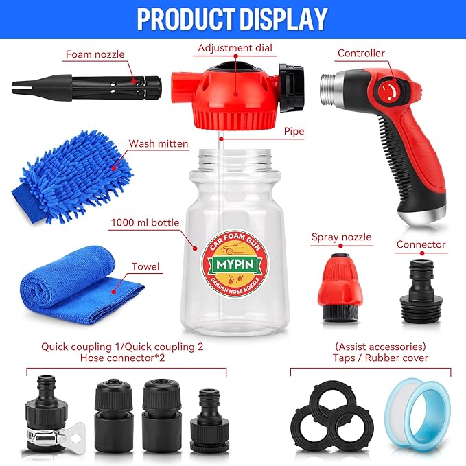 MYPIN 16 in 1 Car Wash Foam Gun, Foam Cannon,Adjustable Hose Wash Sprayer with 2.5 to 6 Bars Foam Blaster,Suitable for Car Cleaning and Garden Use with 1/2” Quick Connector (Clear)