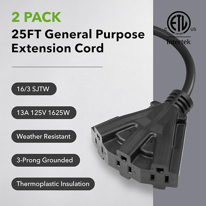 BN-Link's 2 Pack Outdoor Extension Cord Set is Ideal for Holiday Yard Decorations and Garden Equipment. with Three outlets You can Plug in Loads up to a Total of 13amps/1625watts. (Black, 25ft)