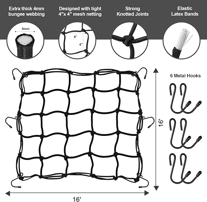 JAGASOL Cargo Nets for Motorcycle Helmet 16"X16" Elastic Bungee Net Storage Featuring 6 Hooks Tight 2"x2" Mesh Luggage Strap Rack Expansion Organizer Net Pocket for Motorbike E-Bike Trike 2 Pcs