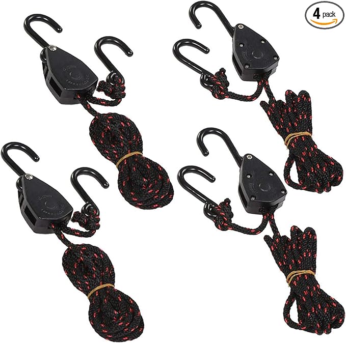 4PCS 1/8" 6Ft Adjustable Heavy Duty Rope Hanger Ratchet Kayak and Canoe Bow and Stern Tie Downs Straps (6Ft)