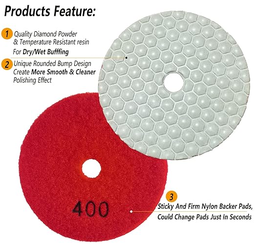 16 Packs Dry Diamond Polishing Pads Grit 400, 4 Inch Dry/Wet Granite Sanding Pad for Bufffing Marble Quartz Concrete Stone Tiles Used for Grinder Polisher Drill