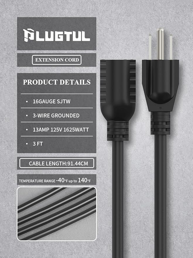 PLUGTUL 3 FT Extension Cord Black, 2-Pack Short Power Cord, Indoor/Outdoor 16 Gauge 3 Prong Grounded Wire ETL Listed, 13A 1625W 125V SJTW