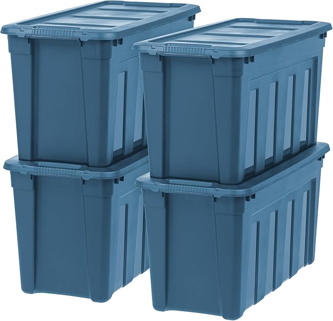 IRIS USA 31 Gallon Eco-Friendly Heavy Duty Storage Totes with Easy-Grip Handles, 4 Pack - Large Bins with Lids Garage Organizing Tubs, Durable Stackable Utility Containers, Made in USA - Navy
