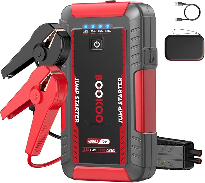 BOOKOO Portable Car Jump Starter, 4500A Car Battery Jump Starter for Upto 10L Gas and 8L Diesel Engines,12V Jump Box with Jumper Cables,USB QC3.0,LED Light