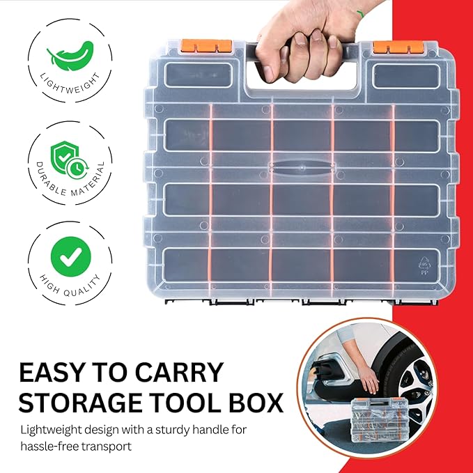 Andalus Tools Organizer Box, Small Parts Storage 34-Compartment Double-Sided Portable Hardware Organizer Removable Plastic Dividers for Screws, Nuts, Bolts, Nails – Orange (2 Pack, 12.5" x 10.5" x 3")