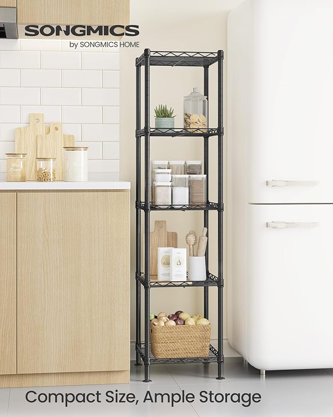 SONGMICS Storage Shelf, Small Metal Wire Shelving Unit, Adjustable Shelves, for Small Spaces, Garage, Bedroom, Living Room, Kitchen, Pantry, 5 Tier, 11.8 x 11.8 x 47.6 Inches, Ink Black ULGR123BH01