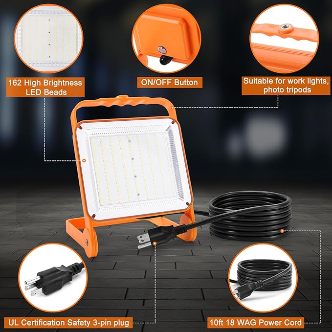 2-Pack 50W Super Bright LED Work Light - 8,000LM (500W Equivalent), IP65 Waterproof, 10ft Heavy Duty Cord, 5000K Daylight, Adjustable Flood Lights for Workshop, Garage, Construction Site