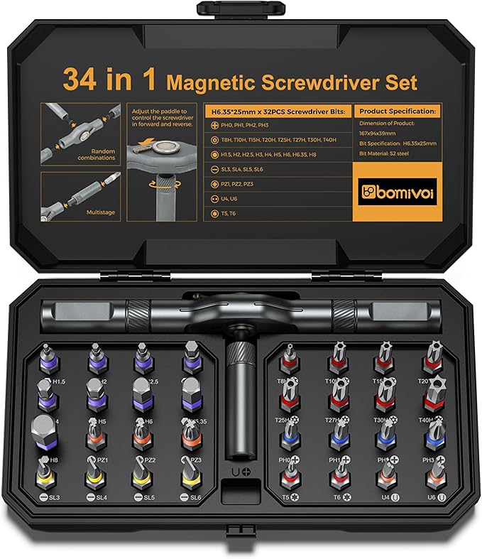 34 in 1 Magnetic Screwdriver Set, DIY Ratchet Screwdriver Set, Multi Bit Magnetic Drive Sets with Ratcheting Handle, Handy Repair Tool Kit for Electronics, Bike, Furniture, DIY, Computer