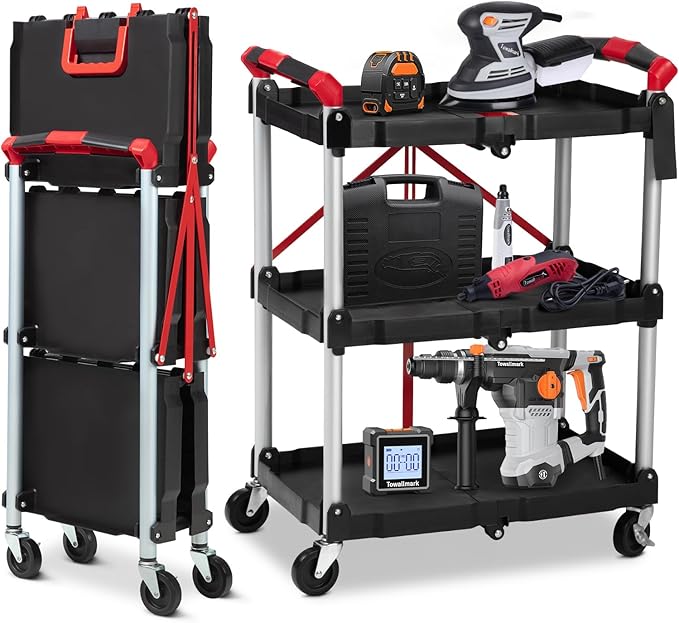 PioneerWorks Folding Utility Service Cart, Collapsible Cart with Wheels, 3 Tier Rolling Utility Cart, Folding Cart with Wheels Collapsible, Service Cart for Tool, Grocery, Bar, Garage, Kitchen, Office